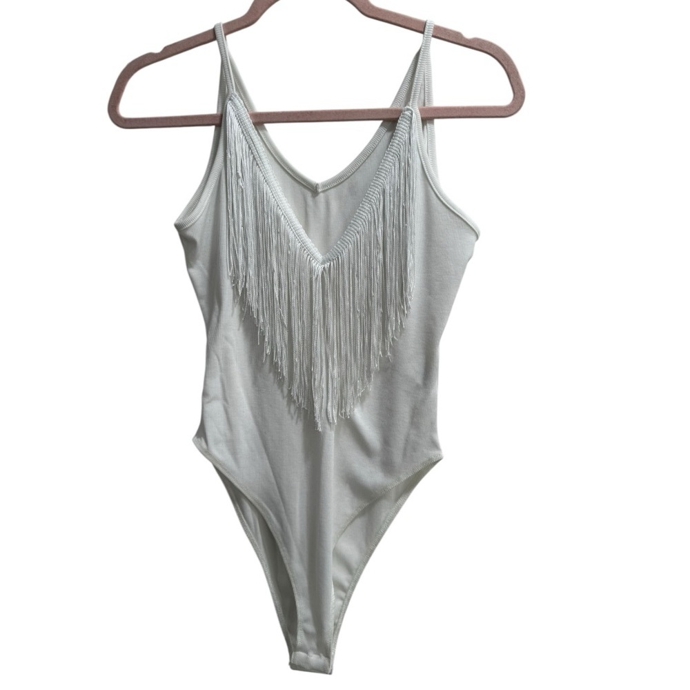 White tassle‎ body suit, size Medium